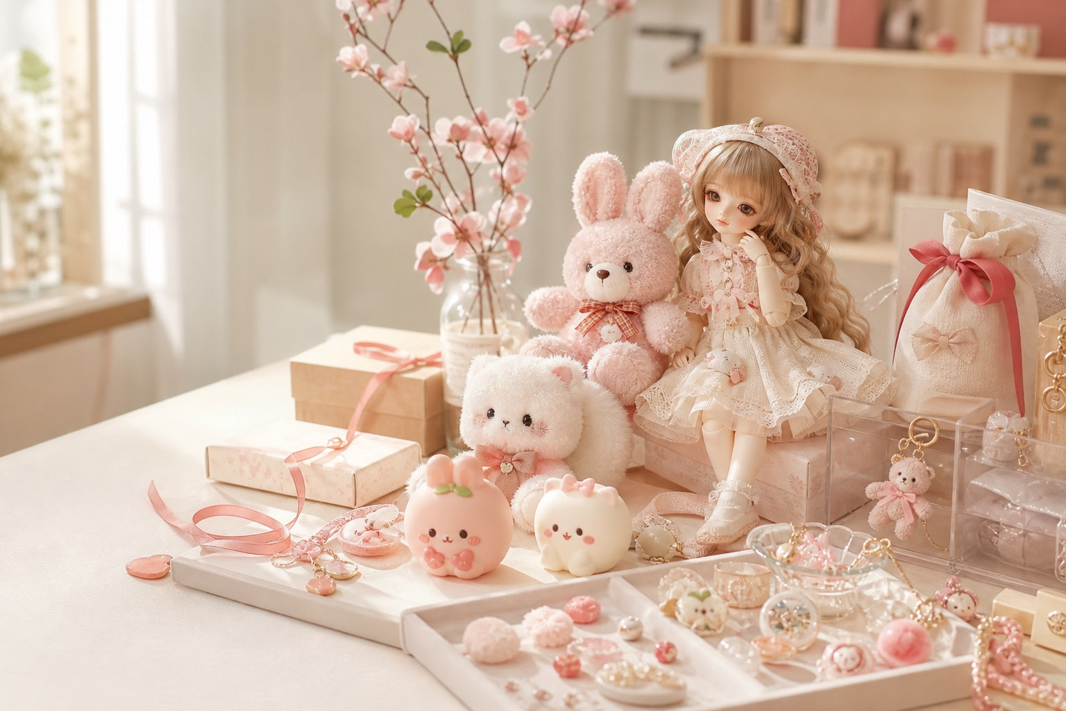 可動ブランドドール、ぬいぐるみ、スクィーズ、バッグチャームを集めたLuckyBakoの商品イメージ